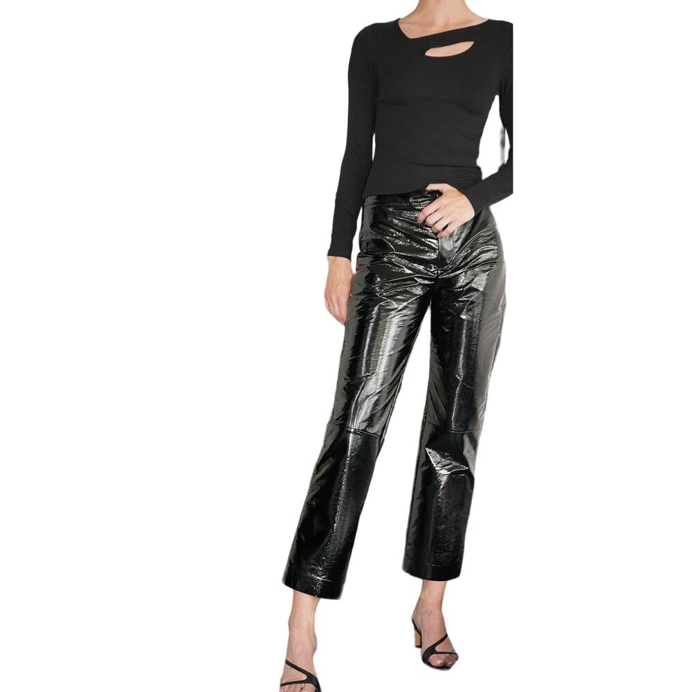 LNA "Nya" Faux Crinkle Patent Leather Pants, Black, Size Large, NWT